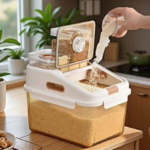 Borosilicate Glass Rice Storage Container - Airtight Jar with Bamboo Lid, Large Capacity Grain Bin for Kitchen Organization